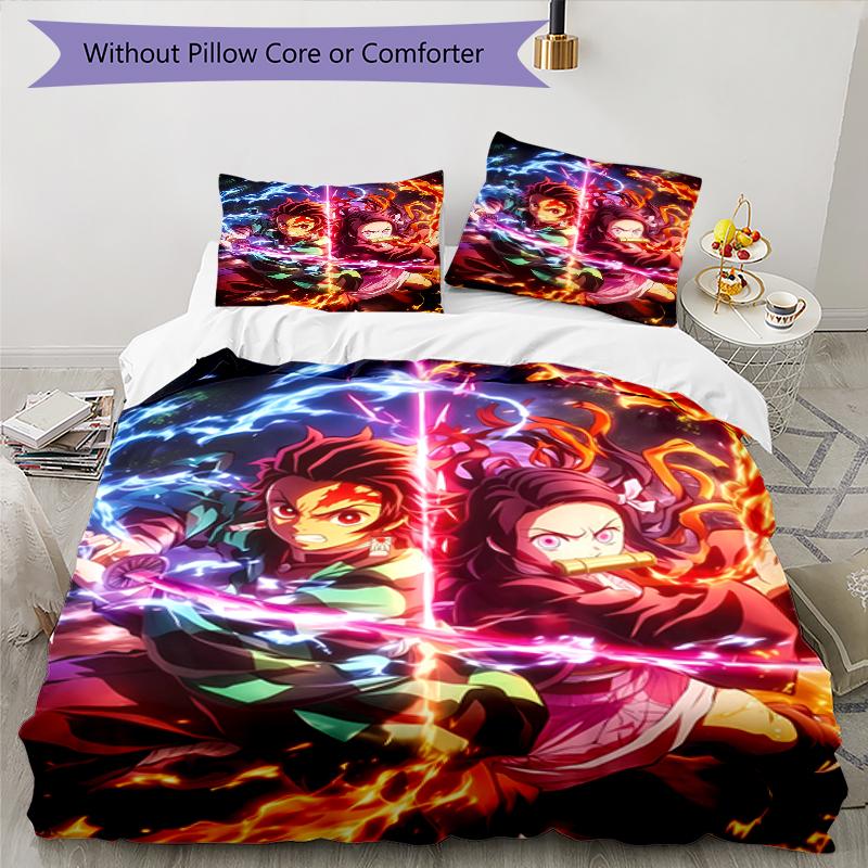 3pcs Demon Slayer characters pattern bedding set duvet cover set includes duvet cover &pillowcases, perfect all season bedroom decoration & gift