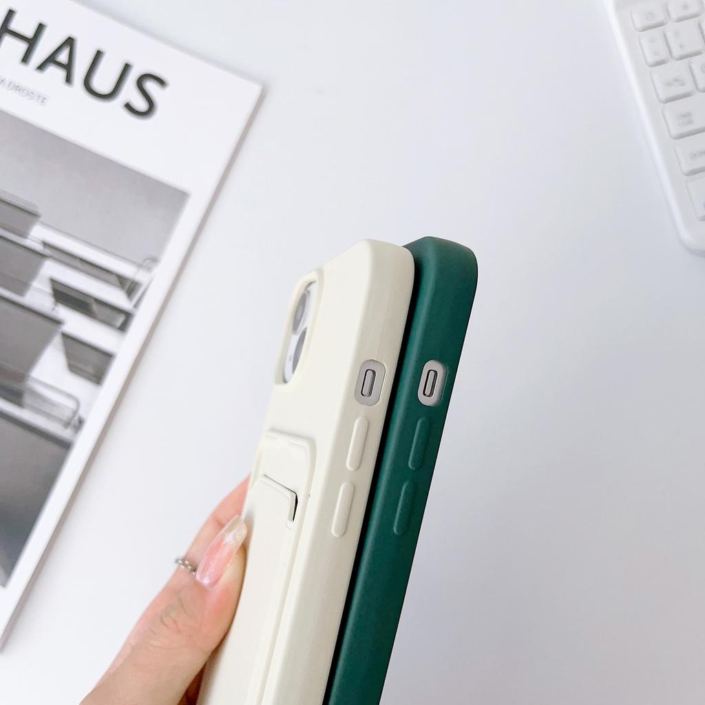 For iPhone 15 Plus Soft Liquid Silicone Case Card Holder Scratchproof Protective Cover with Strap