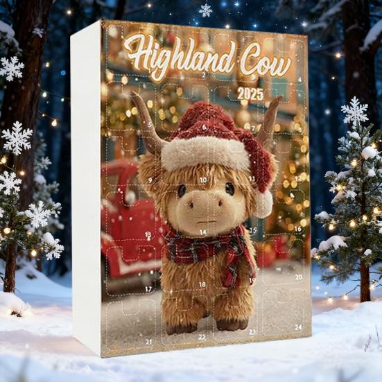 Адвент-календарь с шотландской коровой 2025 24 дня Календарь обратного отсчета до Рождества с украшениями в виде шотландской коровы для рождественской елки, домашнего декора