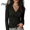 Breathable Slim Fit Tops Cross V-Neck Long Sleeve Top for Women, Sexy Pleated Shirt Shirt, Fall Solid Color Casual Blouse Office Work Comfortable