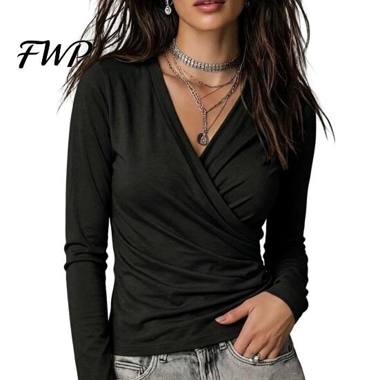 Breathable Slim Fit Tops Cross V-Neck Long Sleeve Top for Women, Sexy Pleated Shirt Shirt, Fall Solid Color Casual Blouse Office Work Comfortable
