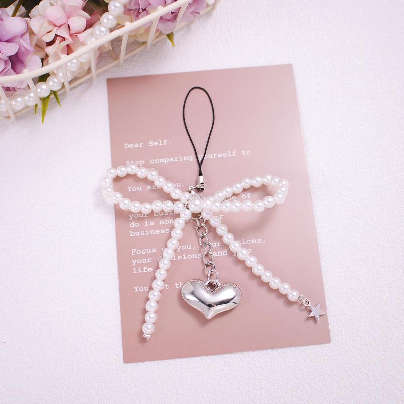 Ins Style Bowknot Pearl Beaded Key Chain Silver Love Phone Chain Headphone Case Pendant Ccd Lanyard Charms Bag Decor