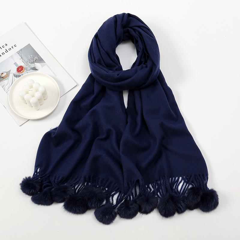 Women Warm Scarf With Rabbit Fur Ball Pashmina Thick Scarves Shawls Winter Cashmere Pompom Scarf Ladies Oversize Blanket Wrap