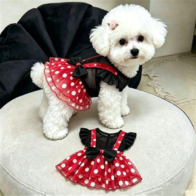 Pet Dog Dress Polka Dot Mesh Sleeveless Skirt Small Breeds Sun Protection Princess Style