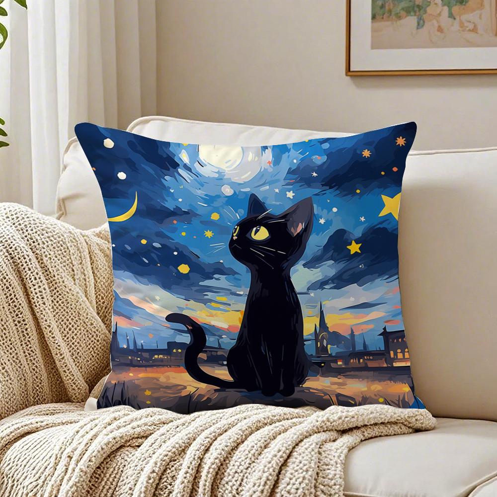Fashion Casual Starry Sky Art cats Cozy Cushion Cover Linen Pillowcase Soft for Sofa Bed Home Room Decor