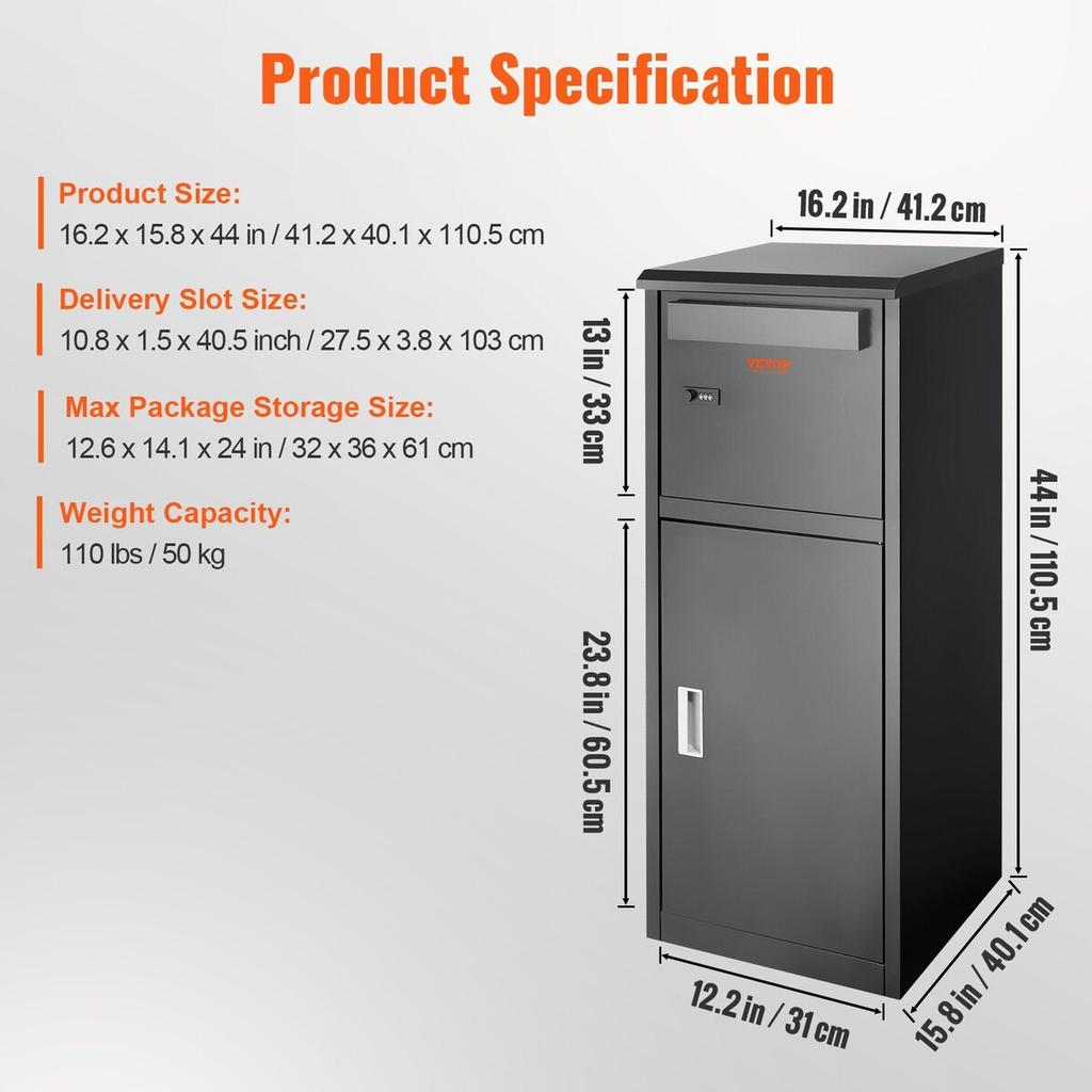 Package Delivery Boxes for Outside 16.2"x15.8"x44", Galvanized Steel Package Delivery Box with Coded Lock, Removable Anti-theft Baffle, IPX3