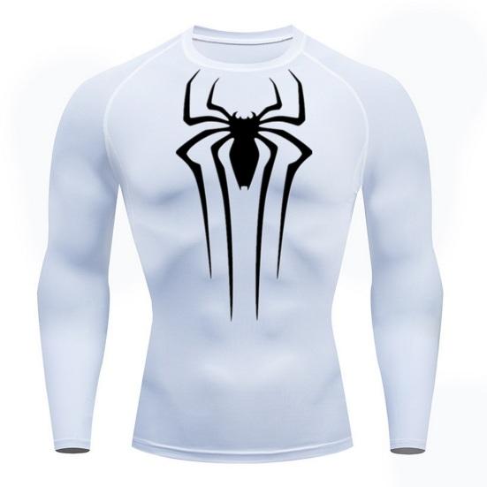 Men Fall Spring Top Skinny Sweat Absorption Elastic Spider Print Long Sleeve Soft Breathable Round Neck Compression Training Workout Exercise