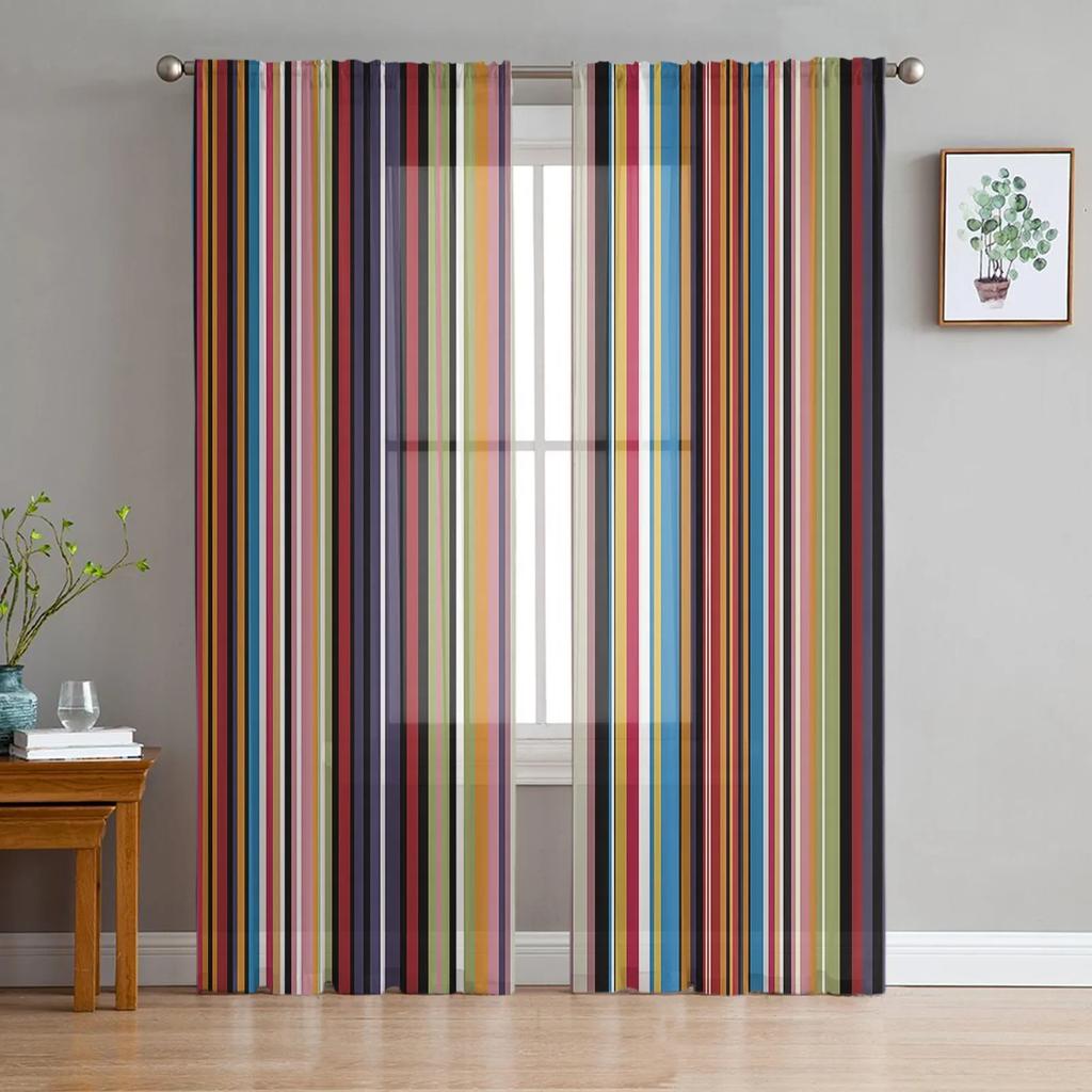 Rainbow Geometric Stripes Tulle Curtains For Living Room Kitchen Decoration Chiffon Window Treatments Voile Sheer Curtain