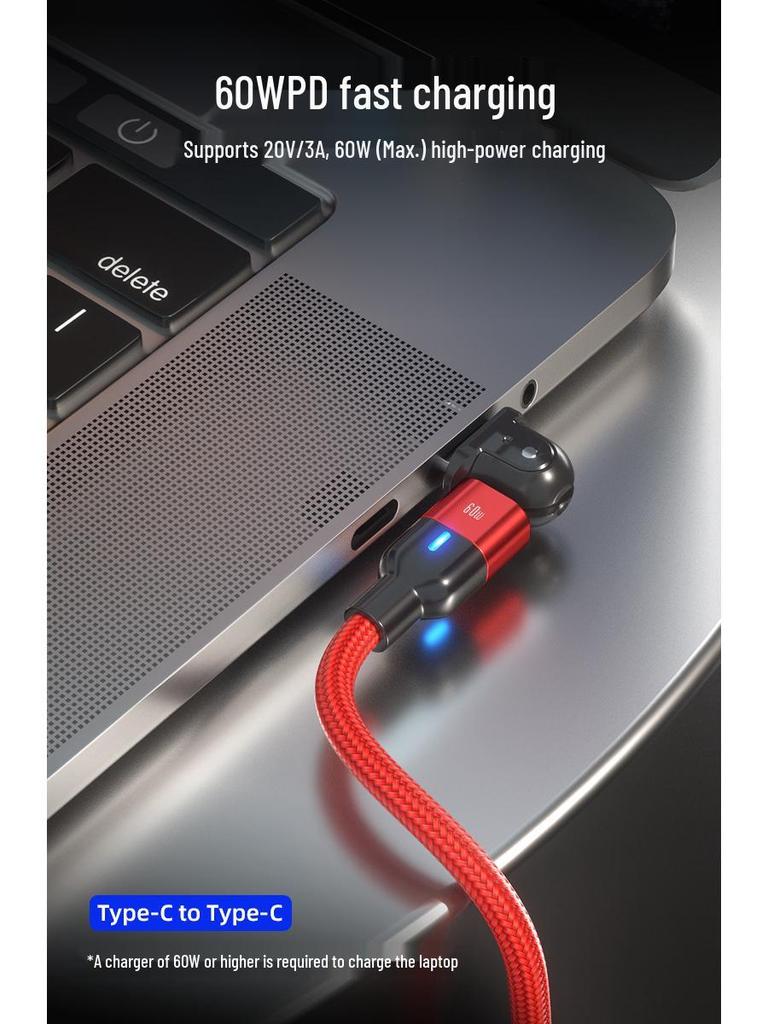 PD60W 2-в-1 180° Вращающийся Кабель для Быстрой Зарядки и Передачи Данных для Мобильного Гейминга