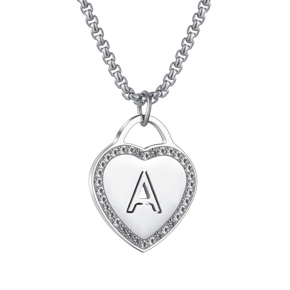 Women's Silver Initial Necklace Stainless Steel Love Heart Tiny Letter Necklace Personalized Name Jewelry for Girlfriend Gift 26 Alphabet Letters
