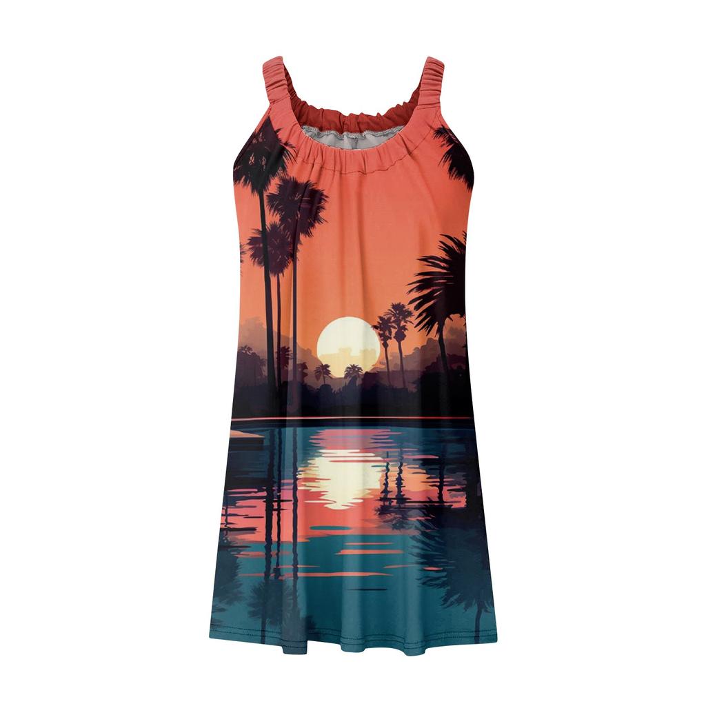 Женское модное летнее пляжное повседневное милое платье на бретельках без рукавов с принтом