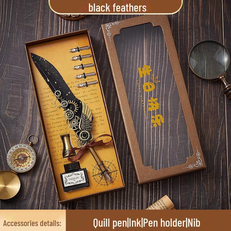 European Steampunk Quill and Ink Set with Wax Seal - Retro Fountain Pen Gift Box for Birthdays