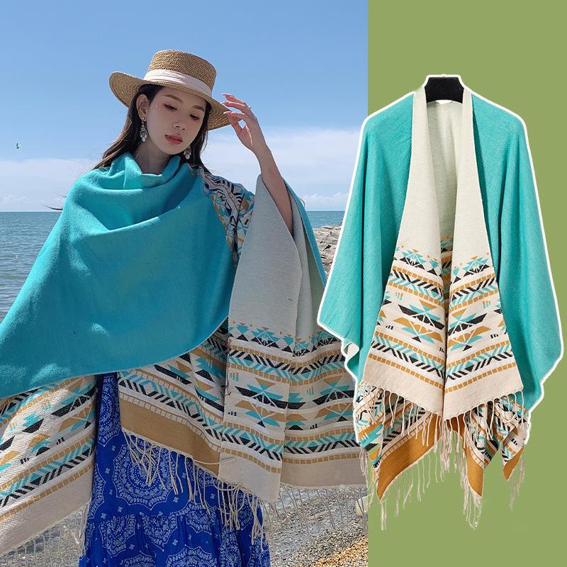 Tourism Ethnic Style Fringed Knitted Shawl Travel Photo Scarf Cape Northwest Prairie Cape Women