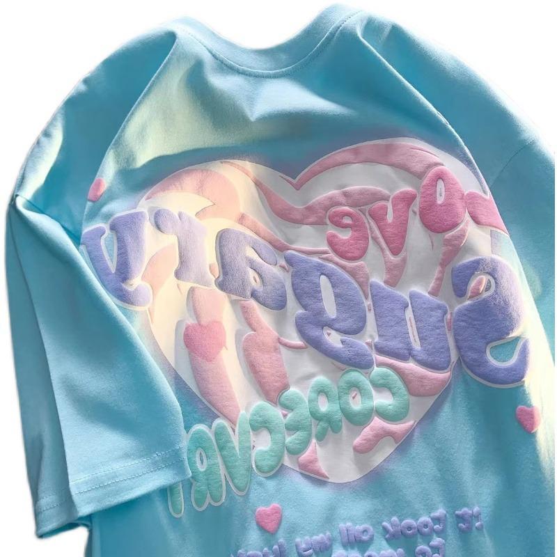 Женская хлопковая футболка оверсайз с синим принтом в виде сердца - Сладкий и пикантный летний стиль