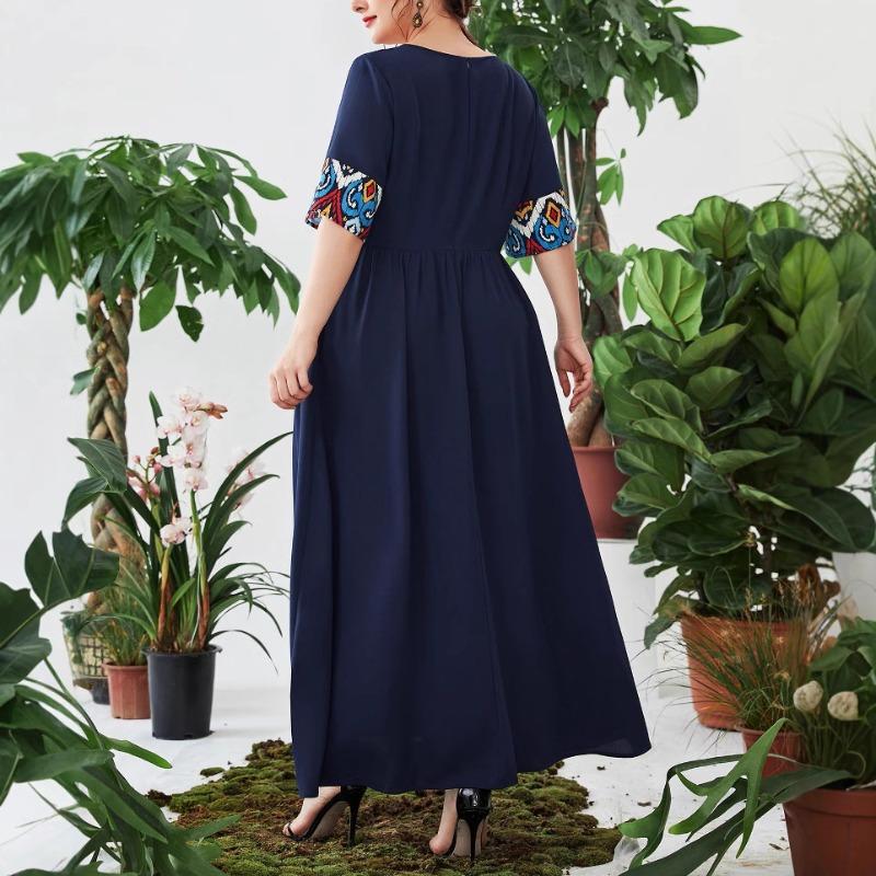 Plus Size Women's New Vintage Print Patchwork Elastic Waist Cover Belly Long Dress