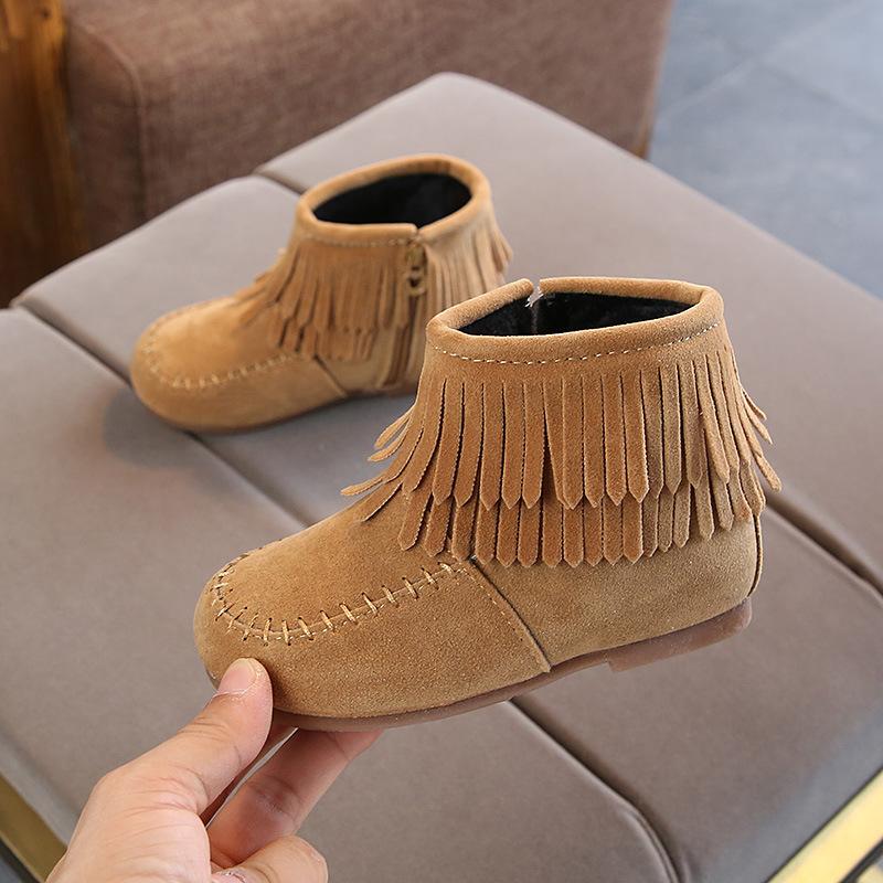 Winter Girls Fringes Ankle Boots Flock Warm Rubber Boots Toddler Kids Cotton Padded Tassels Boots Red Pink Black Color