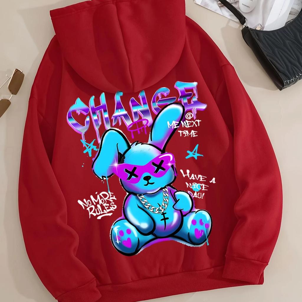 Модный свитшот с принтом в виде кролика и мультфильмов, женская мода, универсальная уличная толстовка с круглым вырезом, повседневные толстовки с капюшоном, пуловер, одежда больших размеров