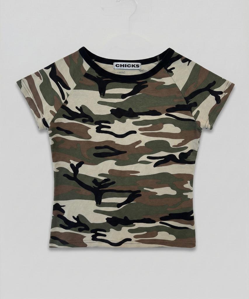 CHICKS Camo Slim Fit Basic T-Shirt Khaki