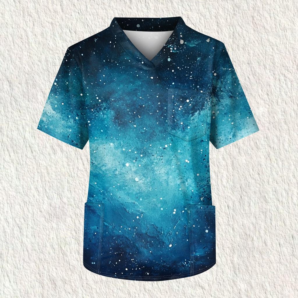 Мужская рабочая блузка с короткими рукавами и v-образным вырезом с принтом, топ с нагрудным карманом