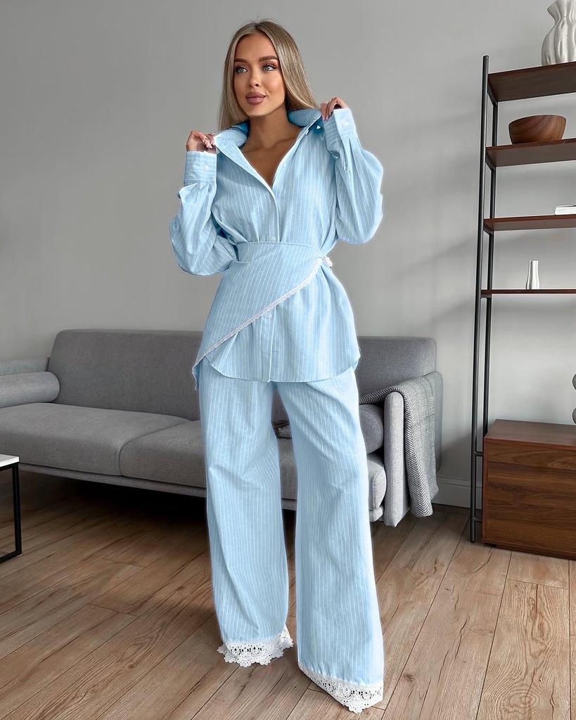 Свежий свободный кружевной полосатый трехпредметный комплект Осень 2025: Стильный повседневный дизайн