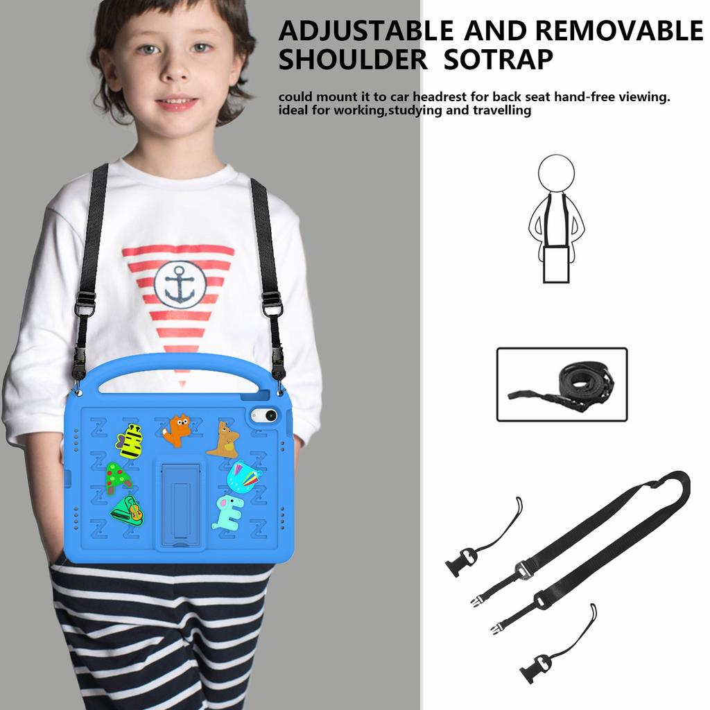 For iPad (2025)/10.9 (2022) Case with Strap EVA+PC Kickstand Tablet Cover Cartoon Design