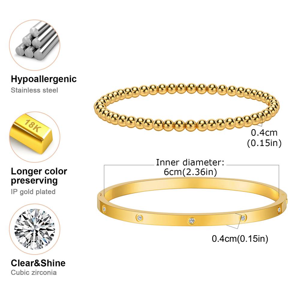 Fashion Stackable Stainless Steel Beads Bracelet for Women, Cubic Zircon Gold Plated Bangle, Waterproof Light Luxury Jewelry