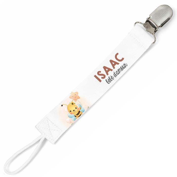 Planetee Attache tétine pour prénom ISAAC bébé d'amour abeille garçon | Attache sucette cadeau naissance