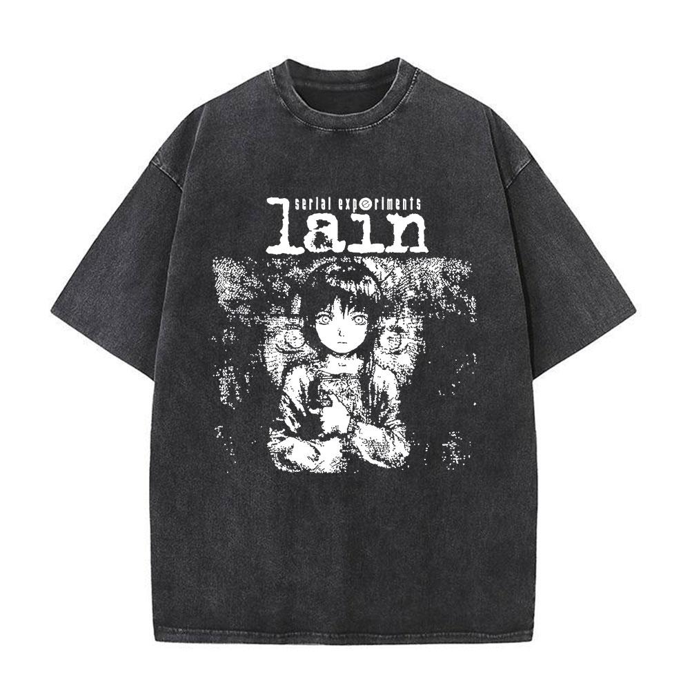 Serial Experiments Lain Anime Vintage Washed T-Shirt Manga Iwakura Girl Sci Fi Short Sleeve T-shirts 100% Cotton Casual T Shirt