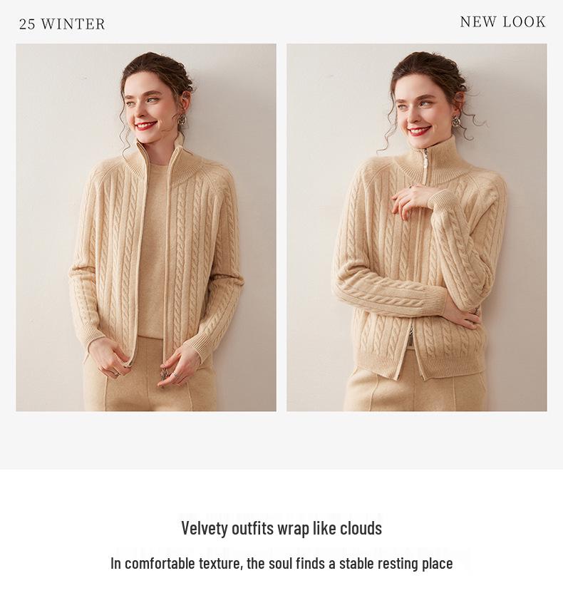 Cashmere Cable Knit Zipper Cardigan - Women's Autumn/Winter 2025, Half-High Neck, Gentle Style.