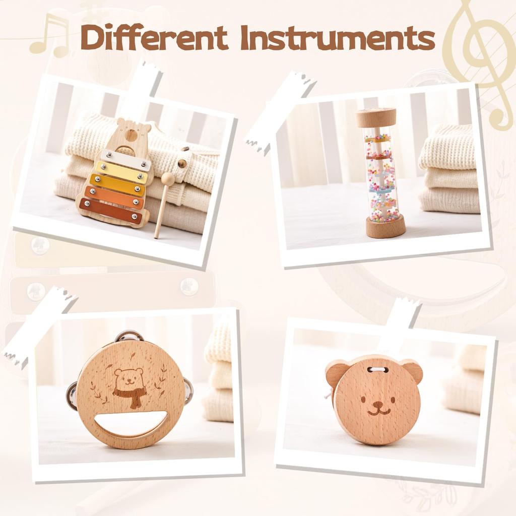 WOODEN TEETHER Musical Instrument Toy Music Enlightenment 4 Piece Set Rattle Wooden Toy Montessori Music Toy Xylophone Castanet Tambourine Rainbow
