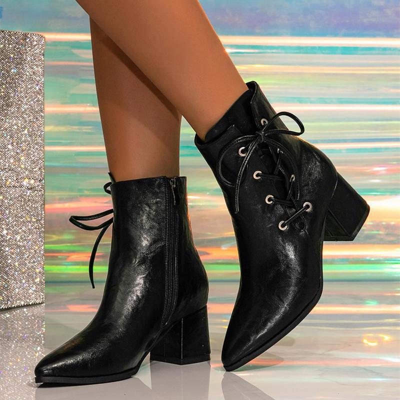 Women Patent Leather Cross Tie Pointed Toe High Heel Ankle Boots Autumn Winter Chelsea Short Boots Office Lady Fashion Shoes