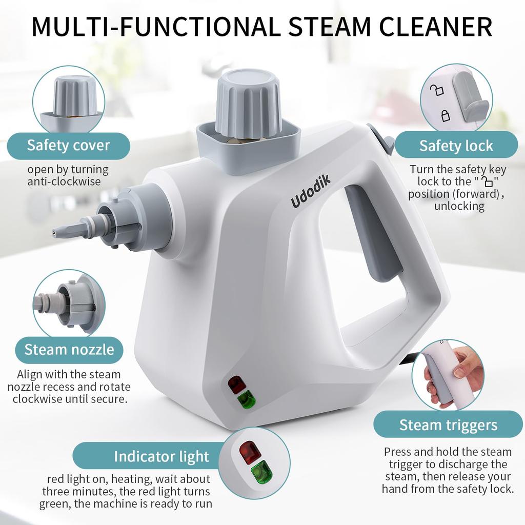 Udodik Steam Steam Cleaner with 10 Piece Accessory Pressurized Steam Cleaning Machine Multipurpose and All Natural and Steam Cleaning for Carpet