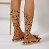 2025 Summer New Women's Rome Sandals with Ankle Tie Bow & Leopard Print Flat Shoes Plus Size Ladies Casual Footwear Sandals