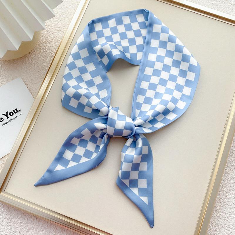 Skinny Ribbon Silk Scarfs for Women Luxury Lattice Checkerboard Print Neck Ties Hairband Bag Neckerchief Foulard Female Headband