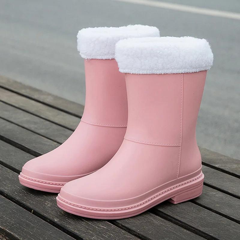 Fashion Women's Mid-Calf Rain Boots New Rubber Shoes Winter Rain Boots Cotton-Padded Warm-Keeping Waterproof Women's Non-Slip Shoes