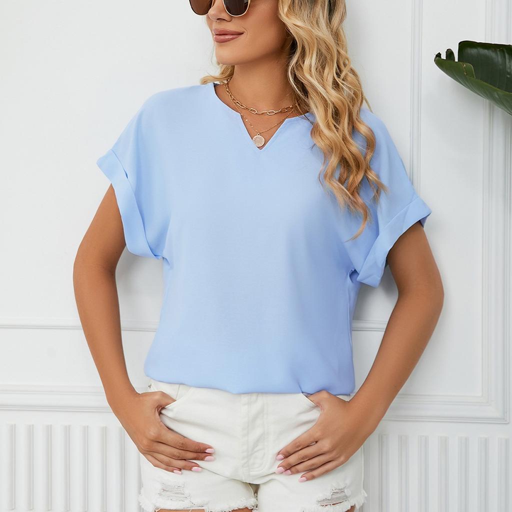 Женская мода повседневная весна и лето однотонная свободная шифоновая рубашка с V-образным вырезом и коротким рукавом