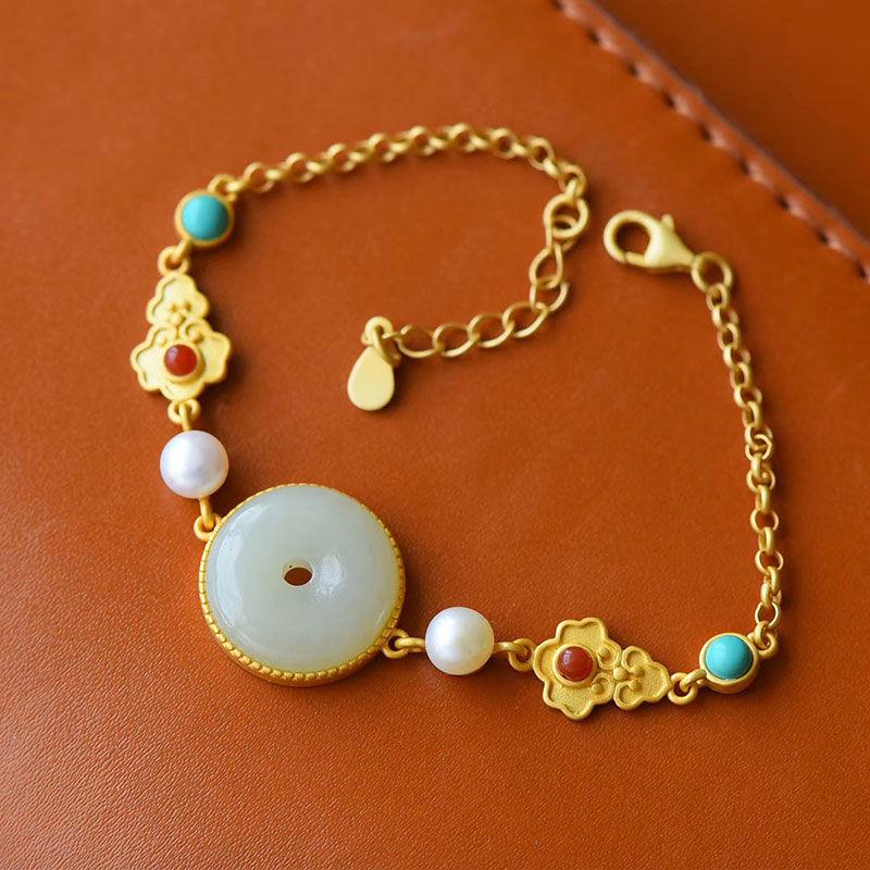 Браслет-кольцо из нефрита в китайском стиле «Фу Лу Пин Ань» на удачу с зеленой инкрустацией