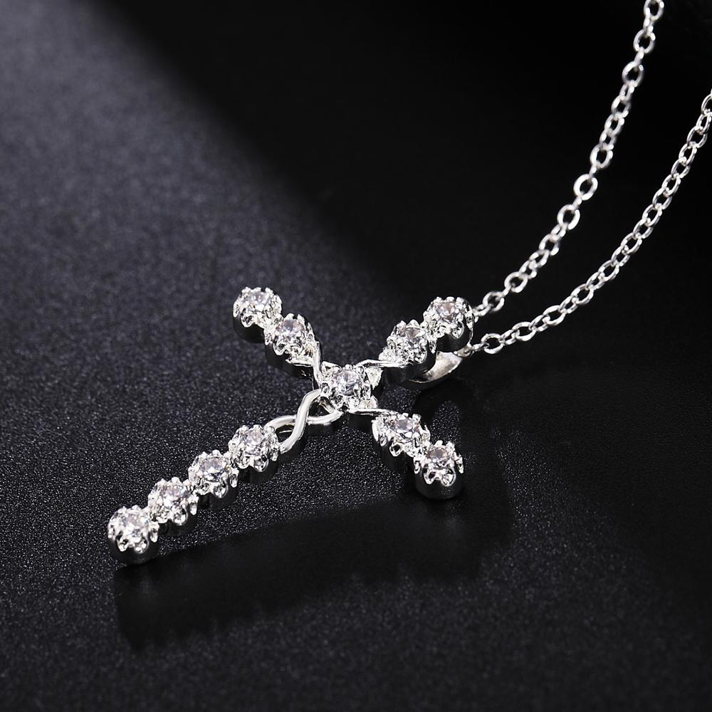 925 Sterling Silver Cross Zircon Pendant Necklace Wedding Fashion Jewelry