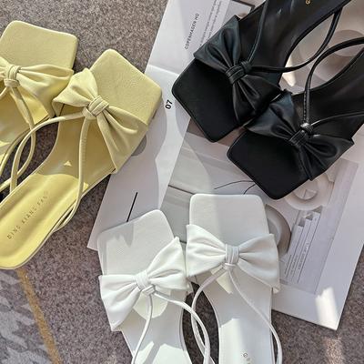 Летние женские тапочки на высоком каблуке 3 см, модные элегантные сандалии с бантом-бабочкой, тапочки на низком каблуке, желто-белые вечерние женские туфли