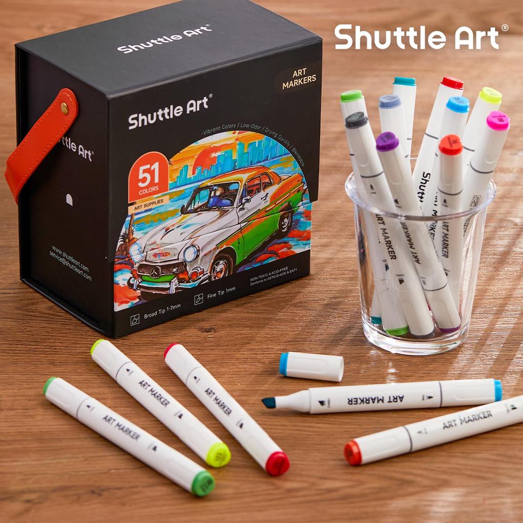 Маркеры Shuttle Art Illustration Marker с наконечником-блендером и футляром для переноски. Идеально подходят для раскрашивания и рисования. Для взрослых и детей. Отличный набор из 50 цветов