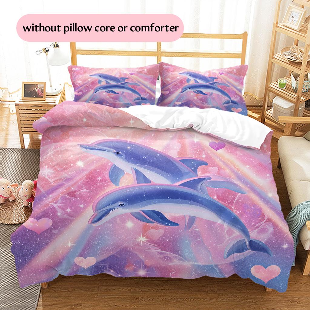 Мультяшная цветная дельфиновая постельное белье Домашний декор Подарок на день рождения (1 пододеяльник + 2 наволочки, без наполнителя)