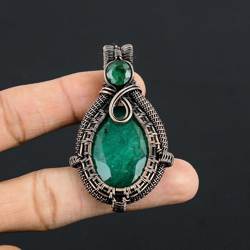 Emerald Pendant, 999 Copper Wire Wrapped Pendant Gemstone Jewelry, Handmade Pendant Amazing Jewelry, Gift For Her