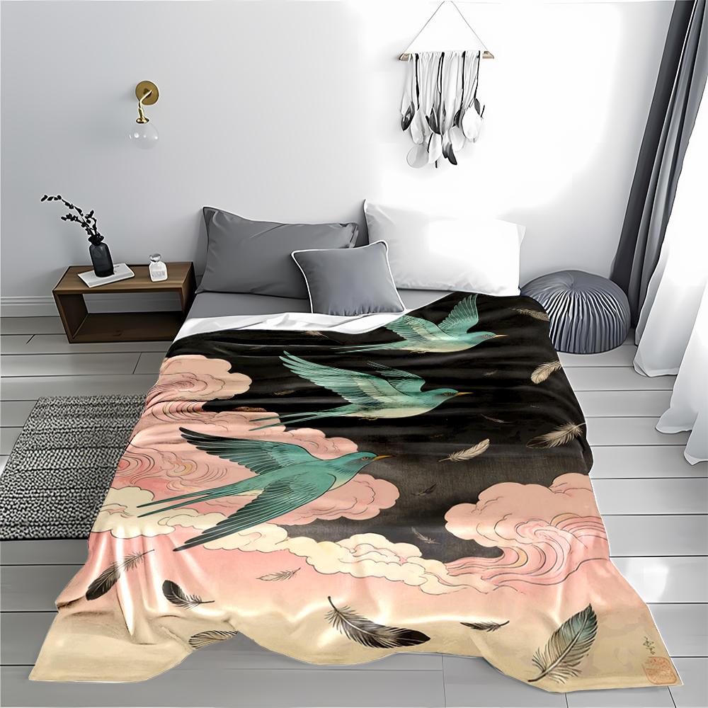 Flying Birds and Clouds Printed blanket with Feather Decor, Black Pink blanket, suitable for use in the bedroom, living room, on the sofa