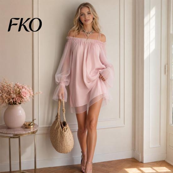 Charming Dress for Women Off Shoulder Mini Dress, Long Sleeve Ruffle Sheer Simple Elegant Mesh Loose Short Casual Party Going Out Clubwear Comfortable