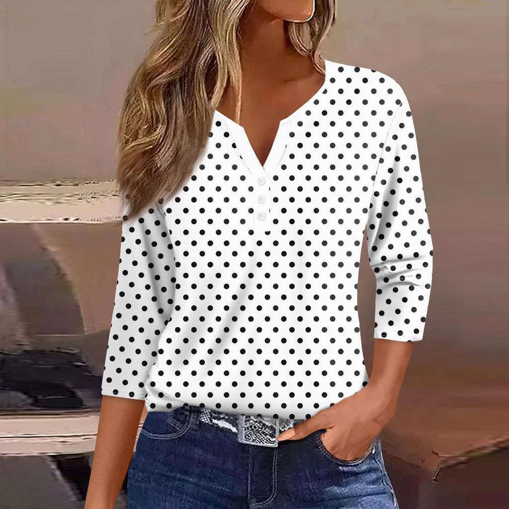 Women's T Shirt Tee Print Button 3/4 Sleeve Daily Weekend Fashion Basic V- Neck Regular Top