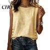 Comfortable Office Wear Tops Summer for Women, Round Neck Sleeveless Pullover Tops, Pure Color Stretchy Versatile Casual Regular Fit Vest Work