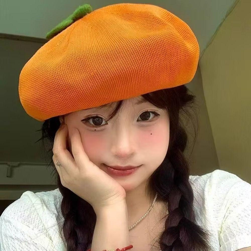 Little Leaf Girl Painter Hat Pink Peach Beanie Beret Cap Japanese Beret Fruit Caps Spring Summer