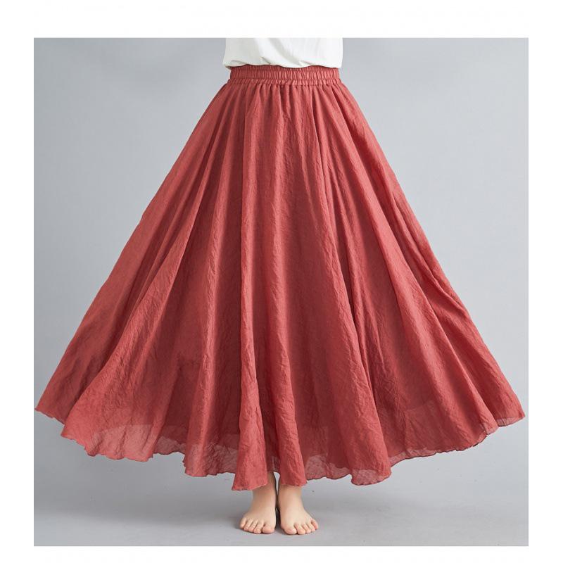 Mori Girl Plus Size Cotton Linen Midi Skirt - Elastic Waist, A-line, Solid Color, Ethnic Style, Long Length