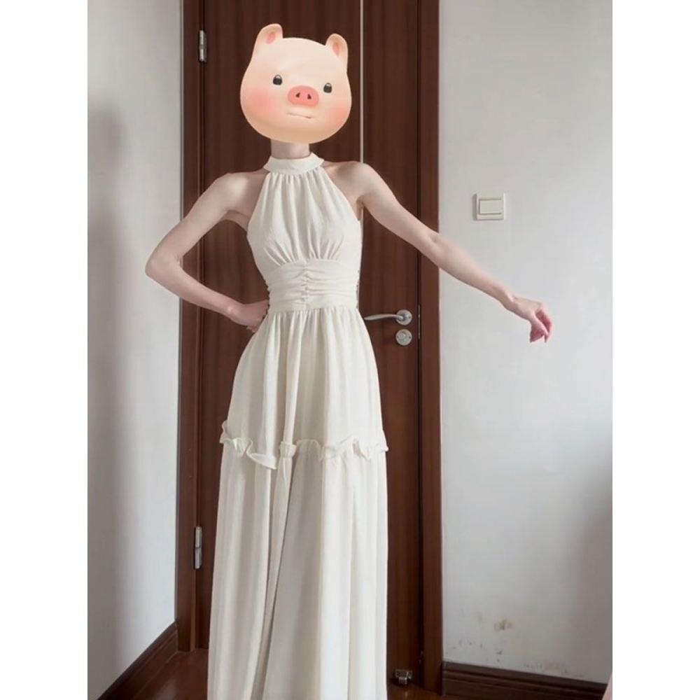 Платье-сарафан без рукавов с бретельками через шею, детское летнее повседневное новое, для морского отдыха, тонкое, с французским темпераментом