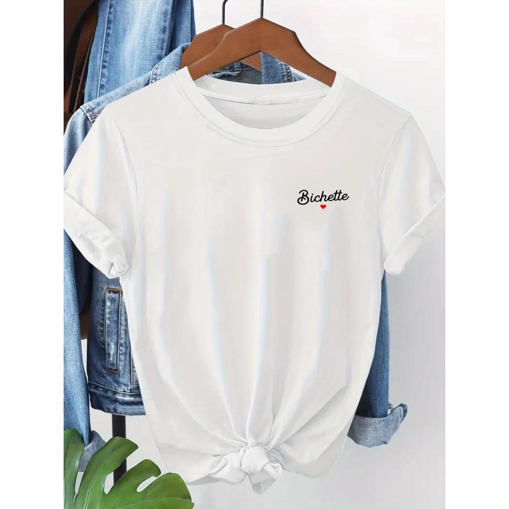 French Bichette Letter Print T-Shirt Women Heart Graphic Tee Summer Fashion Short Sleeve Crew Neck Harajuku Casual Lady Tops